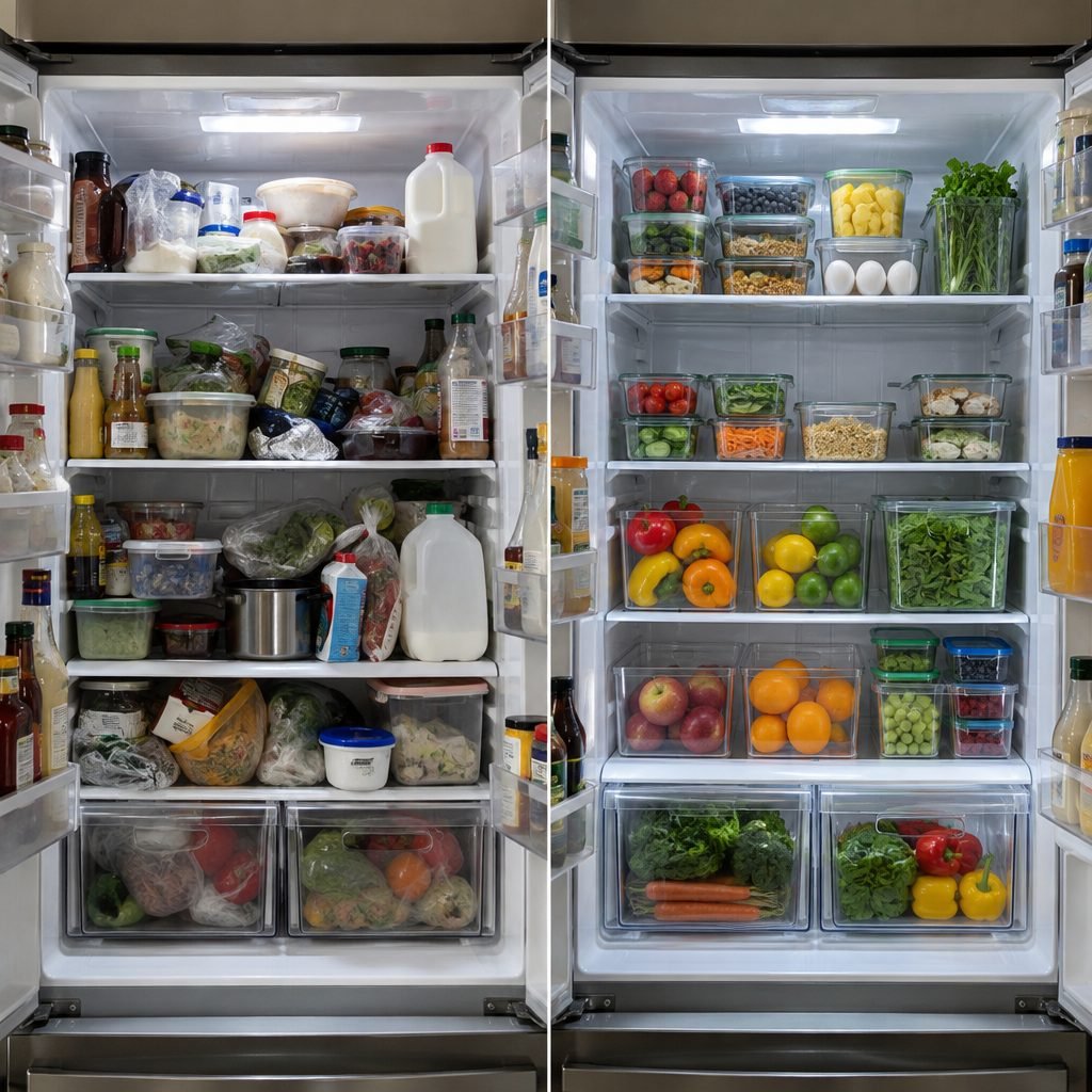 Fridge organization before and after: an overcrowded fridge next to one organized with clear bins and sorted drawers