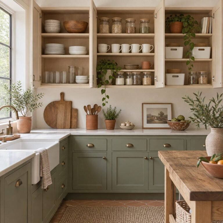 How to organize kitchen cabinets: open white oak upper cabinets with stacked plates, glass jars, mugs and white bins above sage green lower cabinets