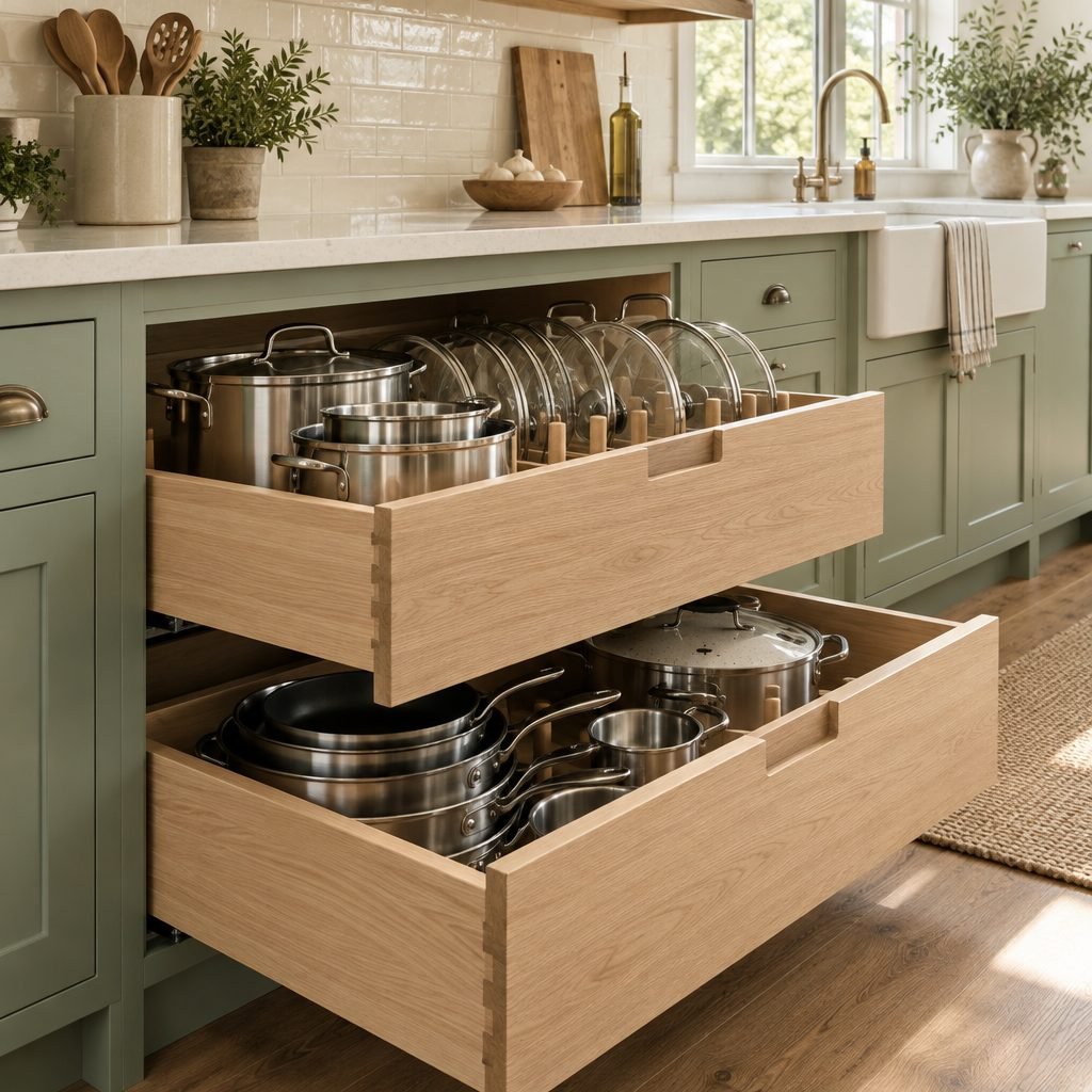 Deep pull-out drawers in a sage green kitchen cabinet holding nested stainless pots and pans with lids standing upright in a peg divider