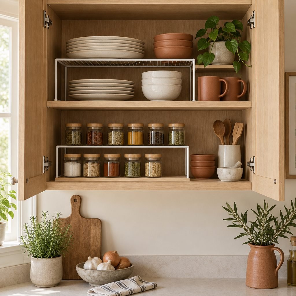 Upper kitchen cabinet with white wire shelf risers doubling space for plates and bowls and a spice riser with matching glass jars