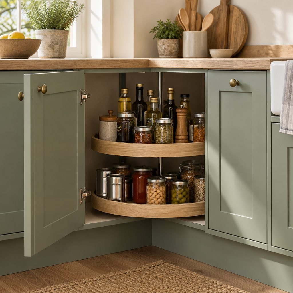 Corner base kitchen cabinet with a two-tier wooden lazy susan holding oils, vinegars, canned goods and glass jars