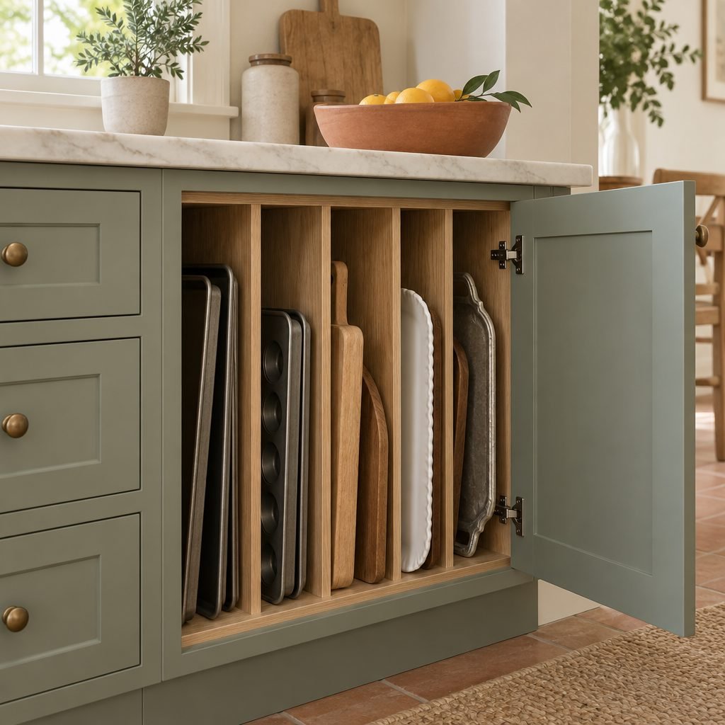 Narrow kitchen cabinet with vertical wooden dividers storing baking sheets, muffin tins, cutting boards and serving trays upright
