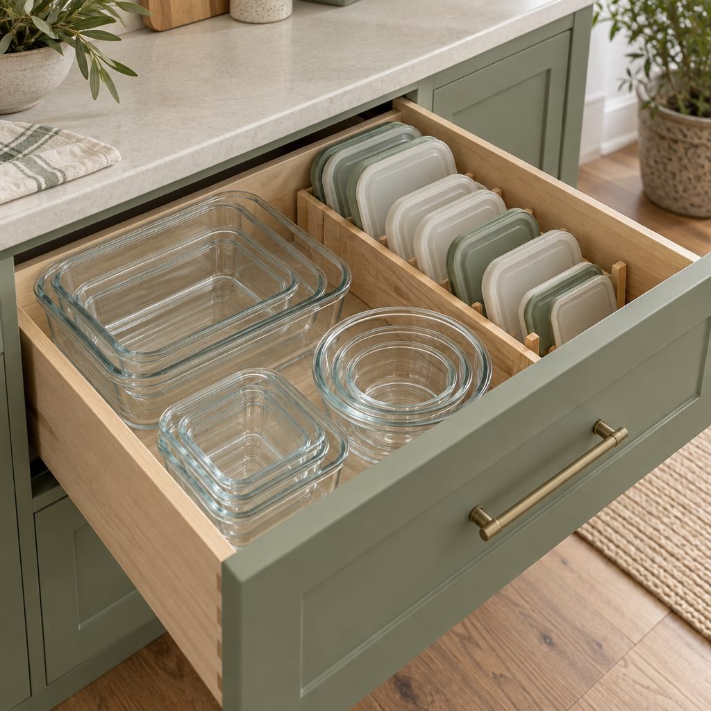 Kitchen drawer with glass food storage containers nested by size and matching lids filed upright in a wooden lid organizer