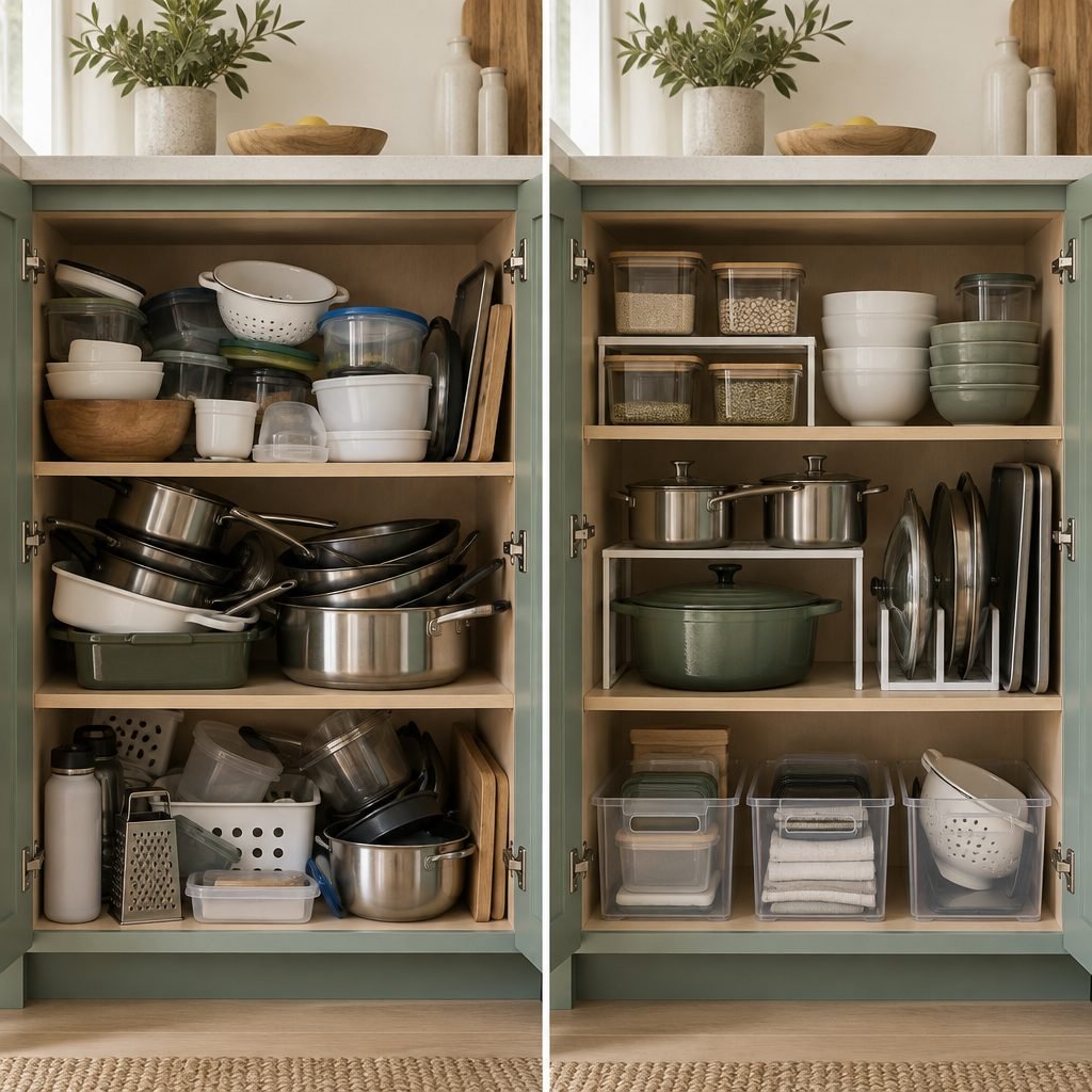 Kitchen cabinet organization before and after: cluttered shelves of pots and containers next to the same cabinet organized with risers and clear bins