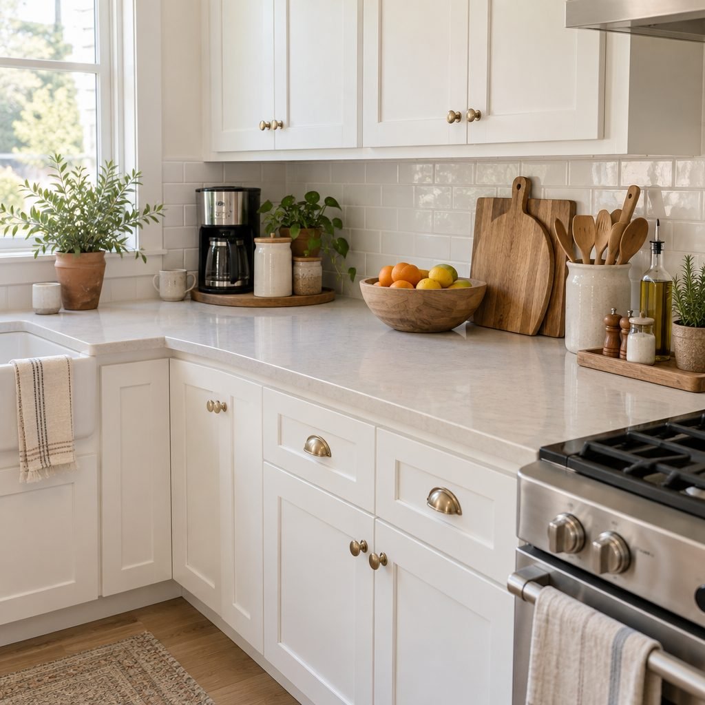 Kitchen counter organization: tidy countertop with a coffee station, a tray of oils by the stove, a utensil crock, cutting boards and a clear prep area