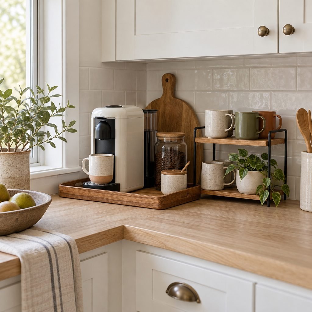 Coffee station on a kitchen counter with a coffee machine on a wooden tray, a mug riser, a coffee bean jar and a plant