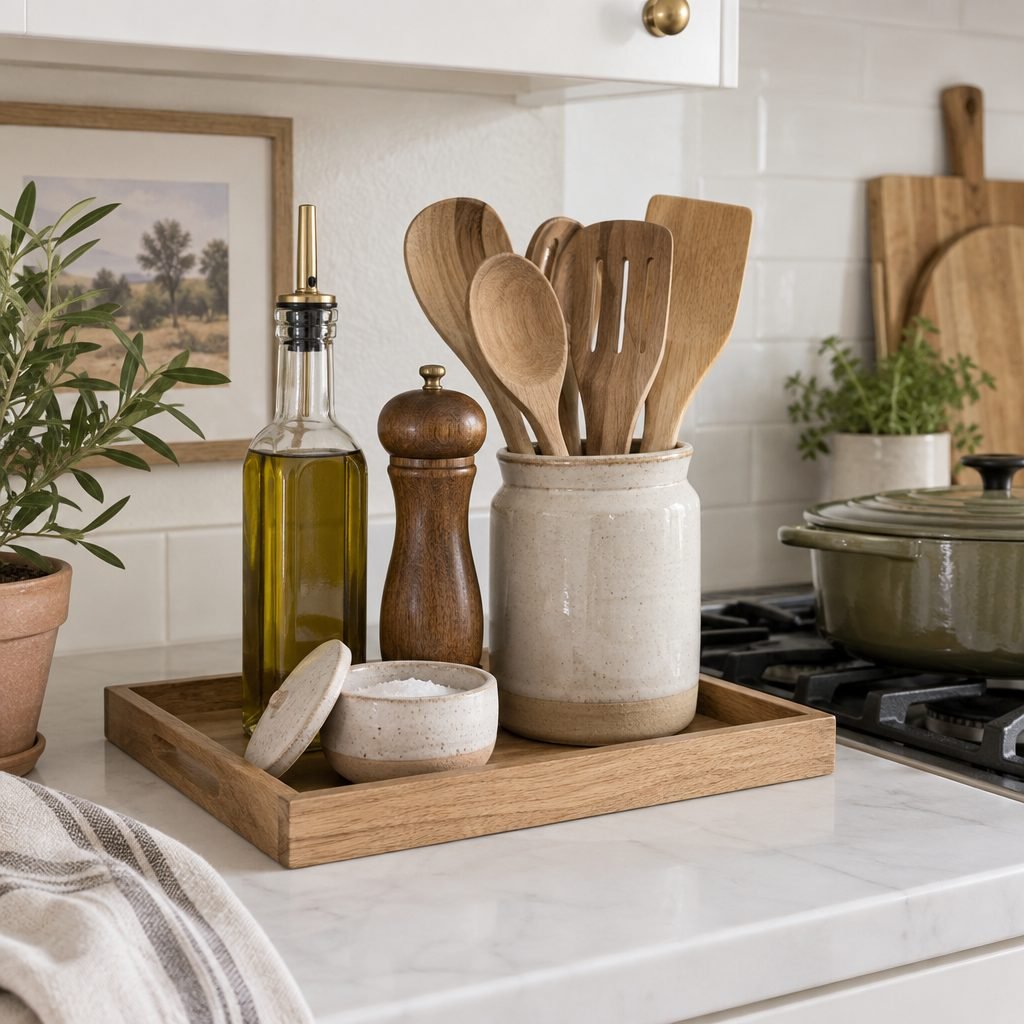 Wooden tray next to the stove holding olive oil, a salt cellar, a pepper grinder and a crock of wooden utensils