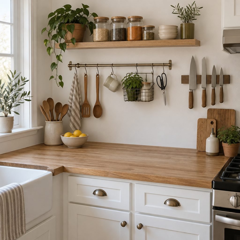 Small kitchen counter kept clear with a wall rail of utensils, a magnetic knife strip and a floating shelf of jars
