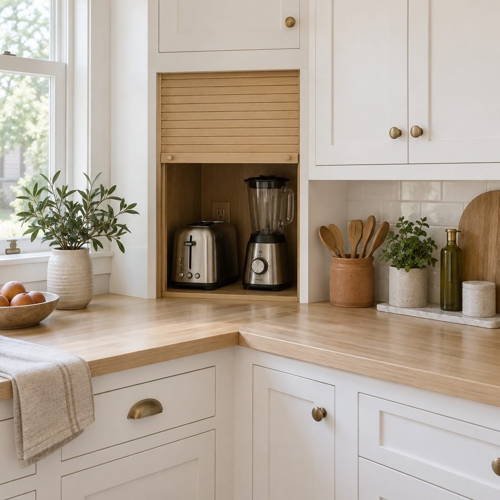 Appliance garage in a kitchen counter corner with the roll-up door open showing a toaster and blender inside