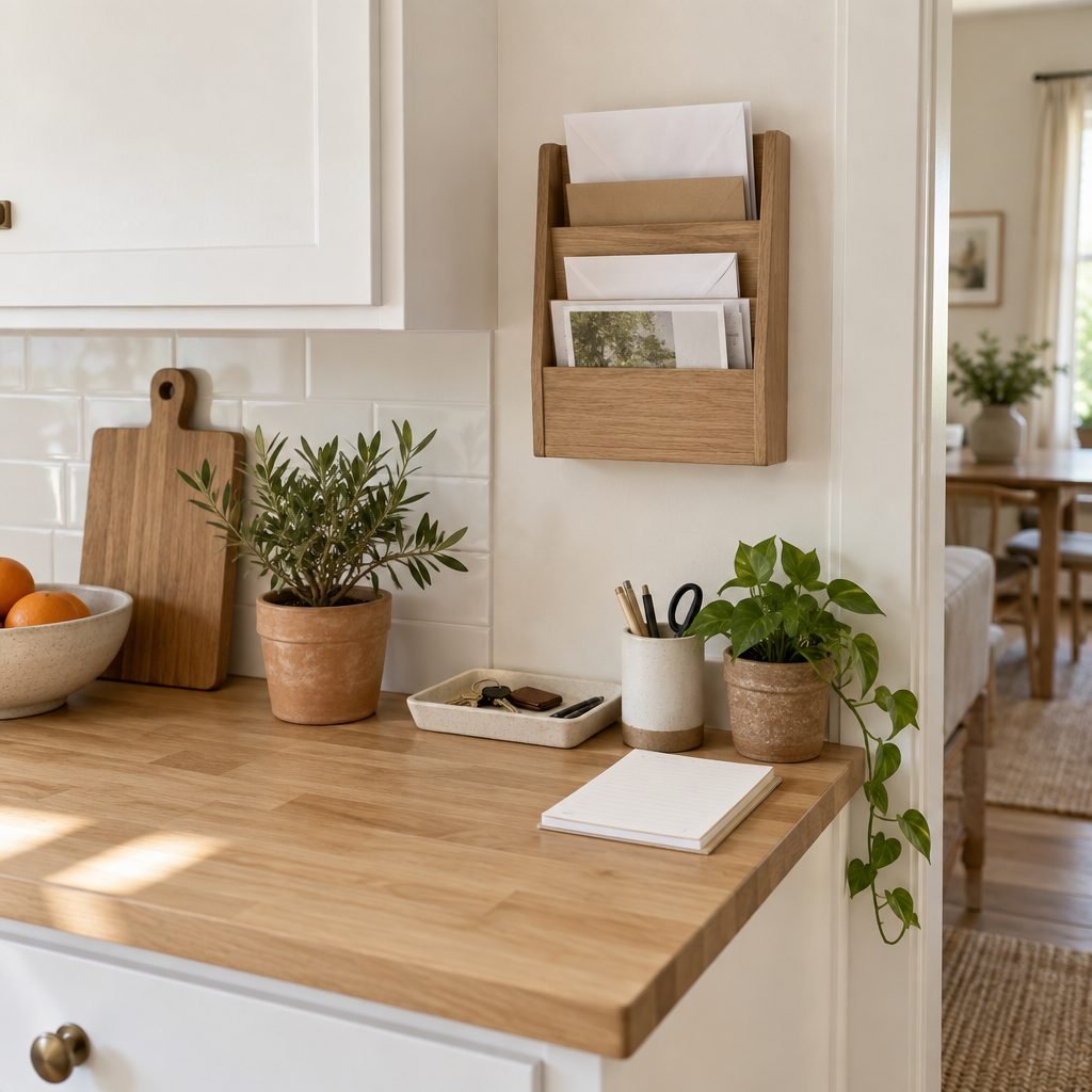 Kitchen counter mail organizer on the wall with envelopes, a tray for keys and pens and a notepad at the end of the counter