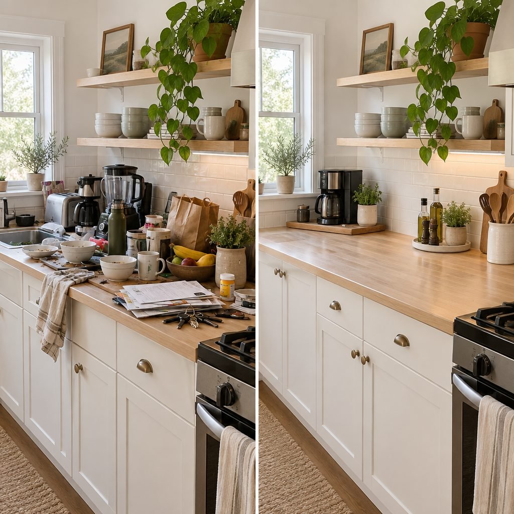 Kitchen counter before and after: cluttered countertop covered in appliances, mail and bottles next to the same counter neatly organized