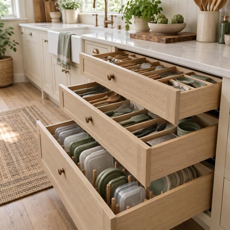 How to organize kitchen drawers: three open kitchen drawers with utensils in a wooden tray, cooking tools in dividers and food storage lids filed upright
