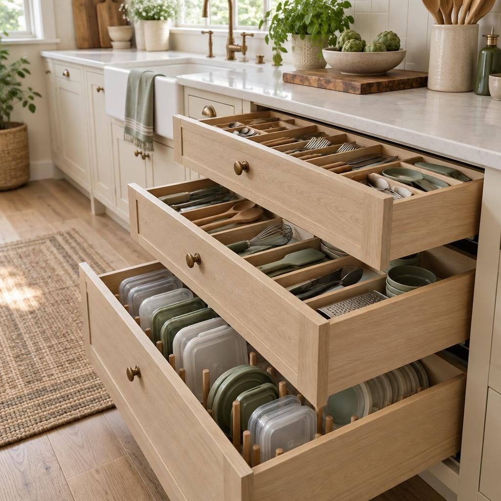 How to organize kitchen drawers: three open kitchen drawers with utensils in a wooden tray, cooking tools in dividers and food storage lids filed upright