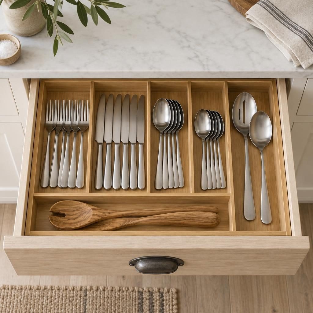 Kitchen drawer with a bamboo cutlery organizer holding forks, knives and spoons in neat rows and a section for serving spoons