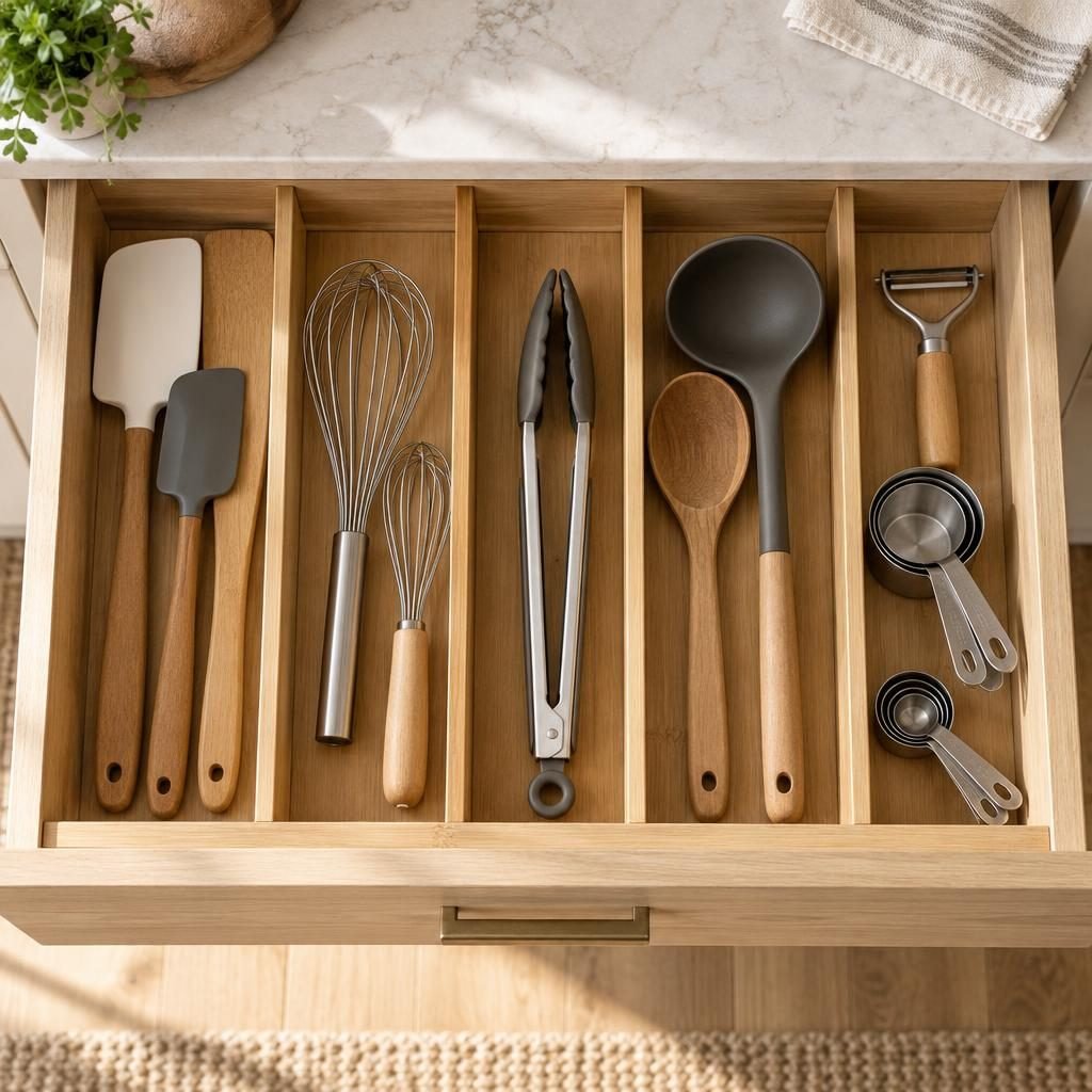 Drawer full of kitchen tools organized with bamboo dividers: spatulas, whisks, tongs, wooden spoons and measuring cups