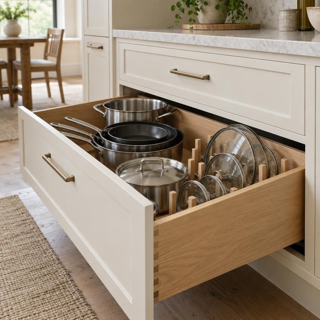 Deep kitchen drawer pulled out with pots and pans stacked by size and lids standing upright in a peg divider