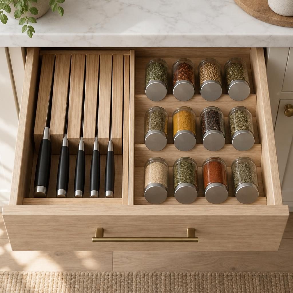 Kitchen drawer with an in-drawer knife block on one side and spice jars on a tiered insert on the other
