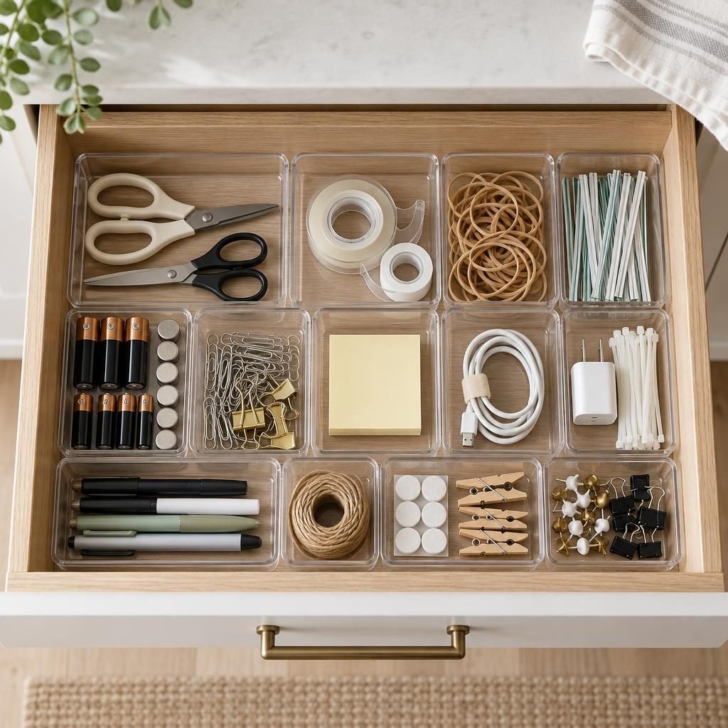 Organized kitchen catch-all drawer with clear bins holding scissors, tape, batteries, rubber bands, pens and chargers