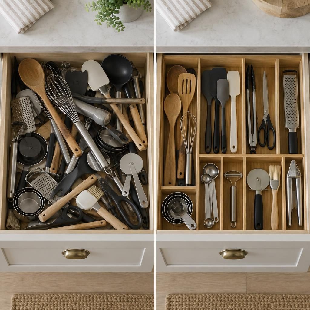 Kitchen drawer before and after: jumbled utensils and gadgets next to the same drawer organized with bamboo dividers