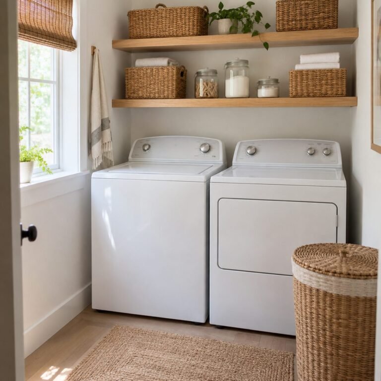 Small laundry room ideas with a top loading washer: white top-loader and dryer under high wooden shelves with baskets and jars