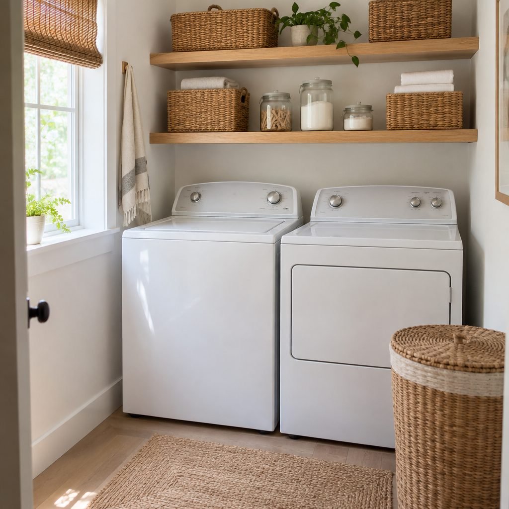 Small laundry room ideas with a top loading washer: white top-loader and dryer under high wooden shelves with baskets and jars