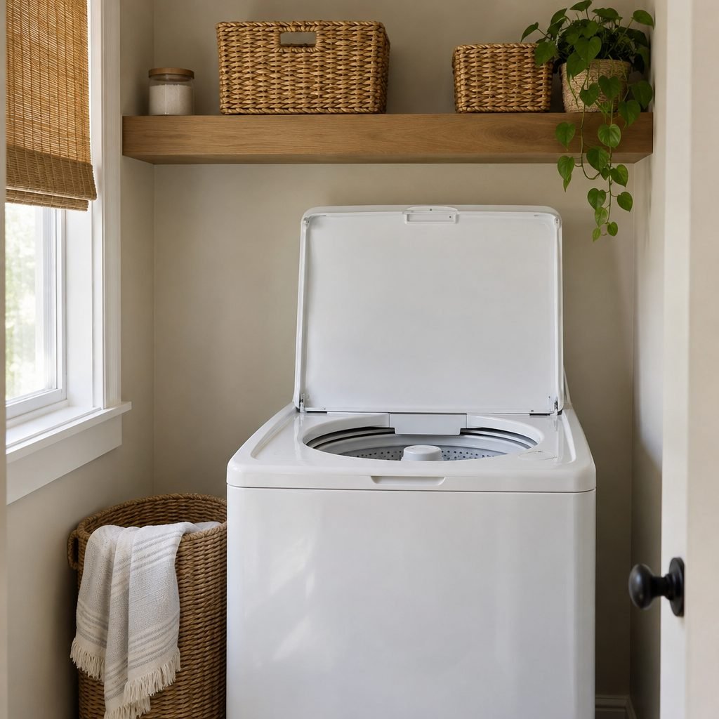 Top-loading washer with the lid fully open under a floating shelf mounted high enough to clear the lid