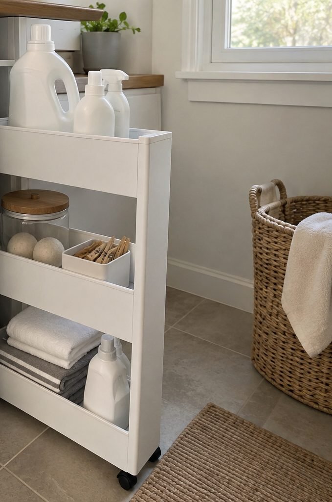 Slim white rolling cart with detergent bottles, dryer balls, clothespins and towels in a small laundry room
