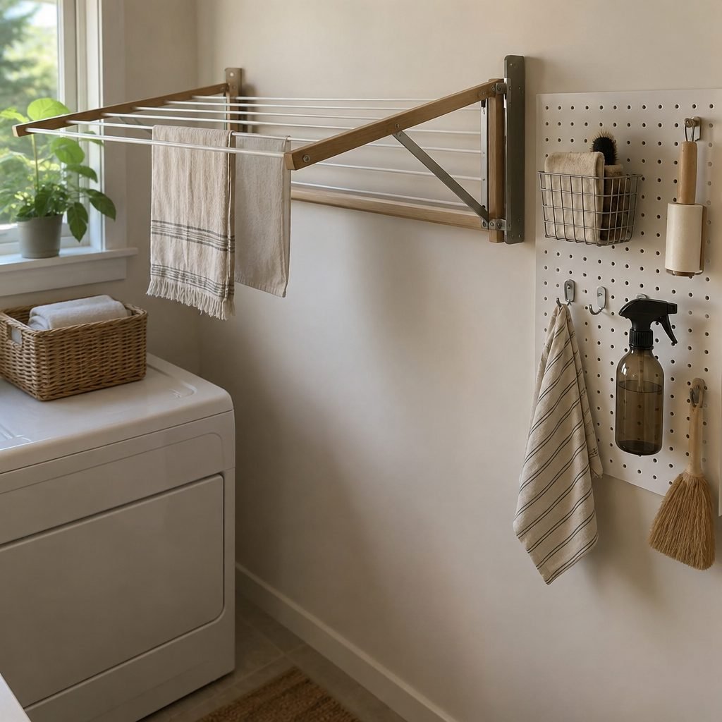 Fold-down wall-mounted drying rack and a white pegboard with hooks and a small basket in a laundry room
