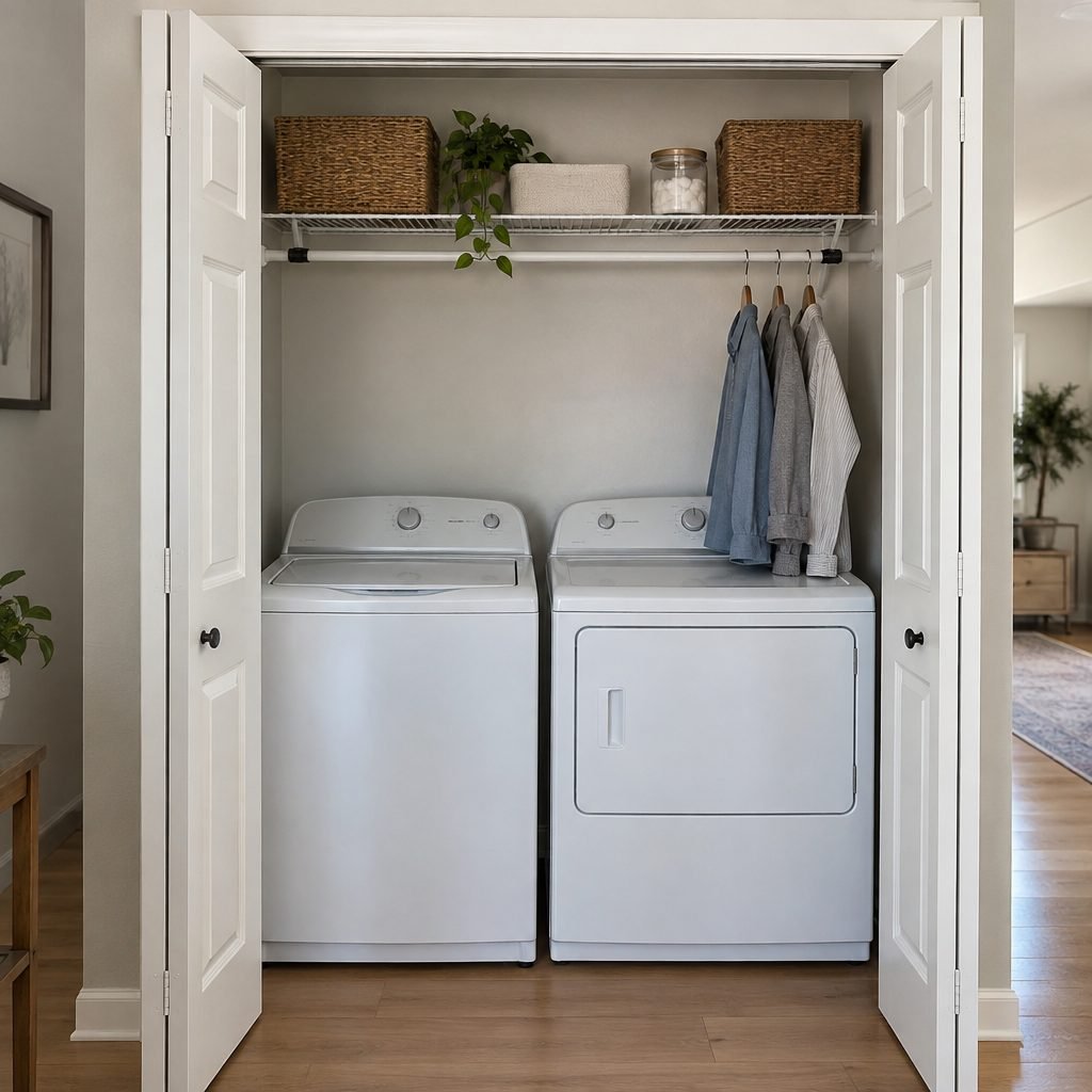 Laundry closet with bifold doors open showing a top-loading washer and dryer, a tension rod with shirts and a shelf with baskets