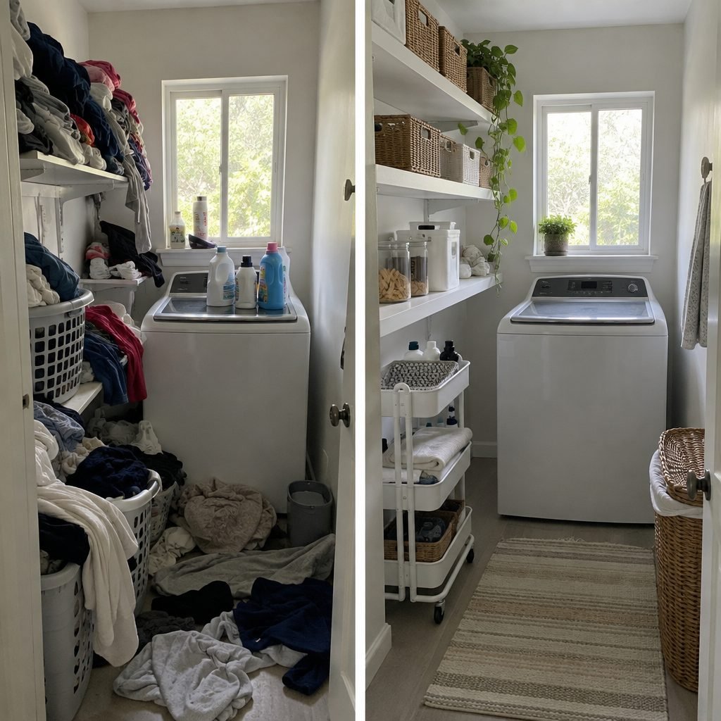 Small laundry room before and after: a cluttered room with clothes on the floor next to the same room organized with shelves, baskets and a rolling cart
