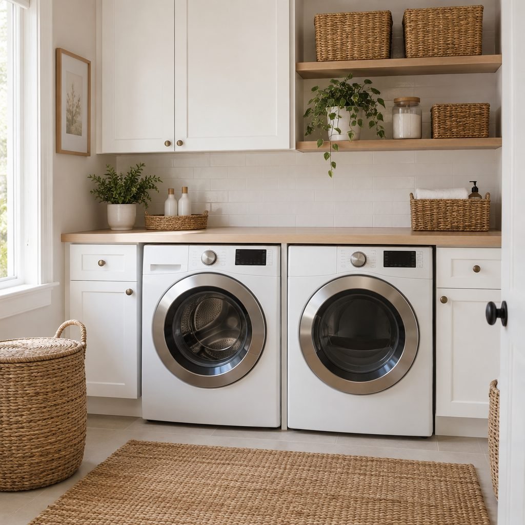 Organized laundry room with a folding counter and baskets