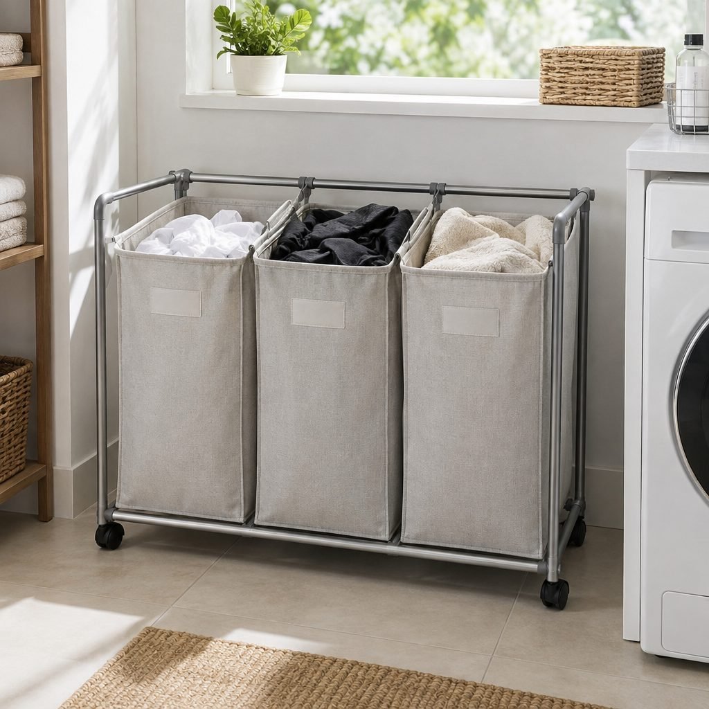 Three-section rolling laundry sorting hamper with whites, darks and towels