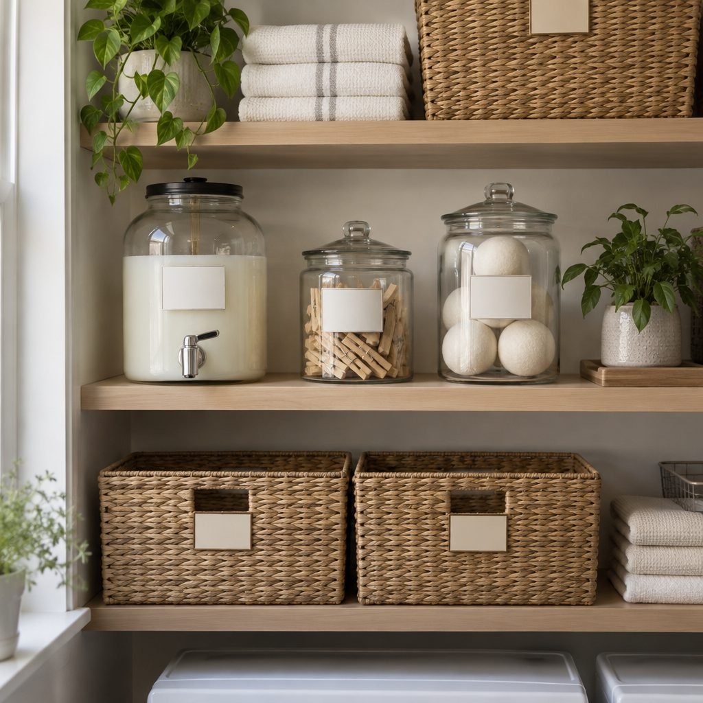 Laundry room shelf with a glass detergent dispenser, jars of clothespins and dryer balls, and woven baskets