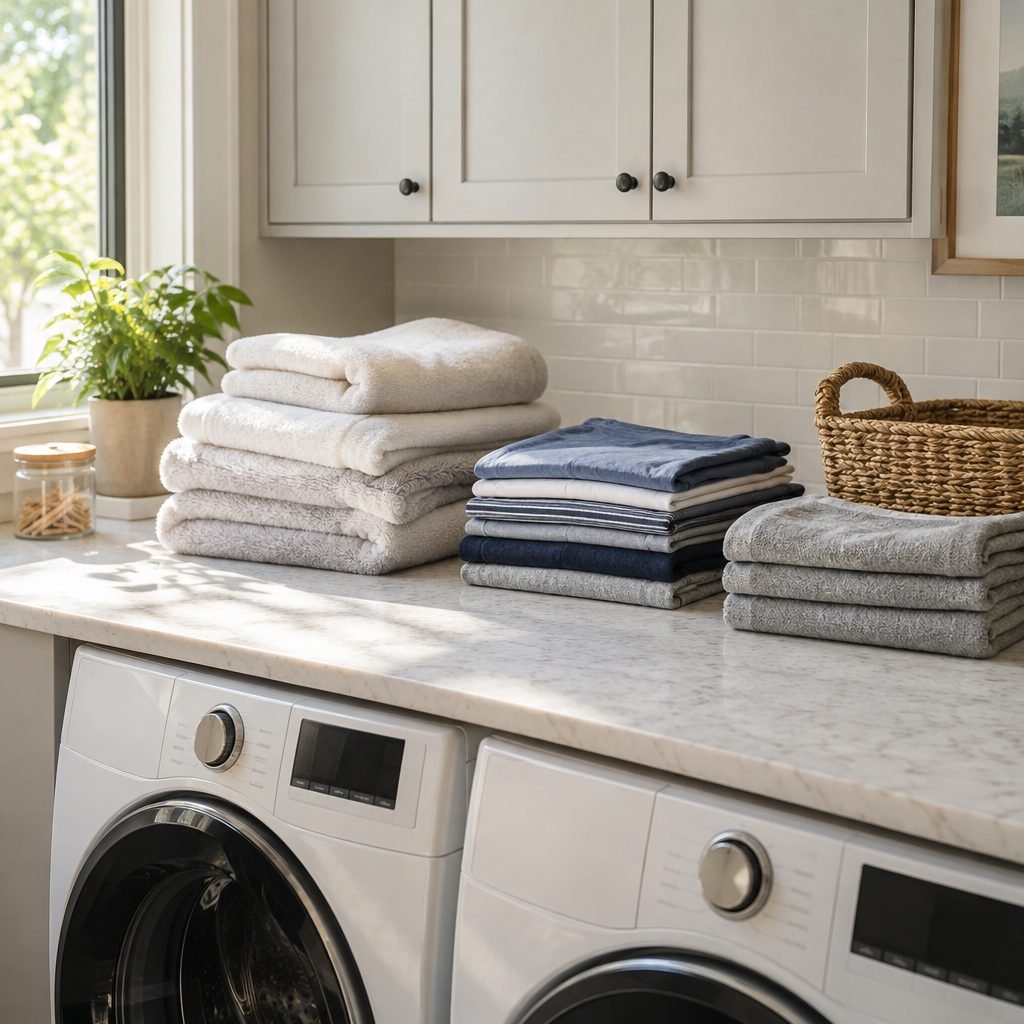 Folded towels and shirts on a laundry room counter above front-loading machines used as a folding station