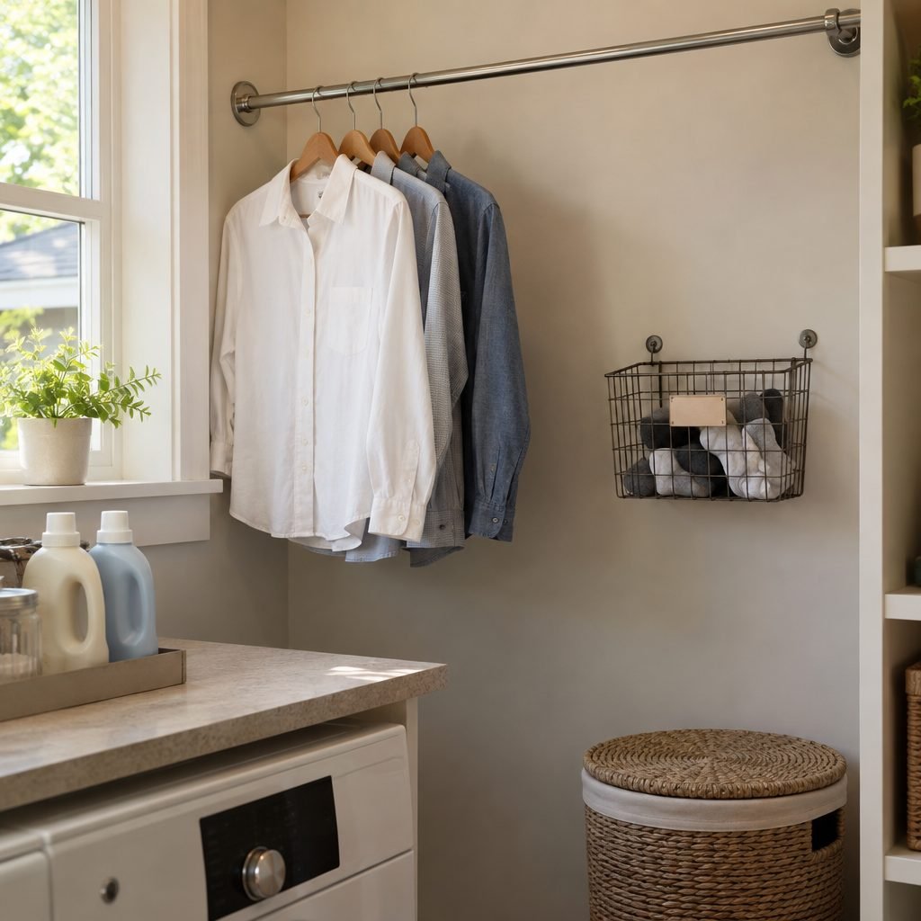 Laundry room hanging rod with shirts on wooden hangers and a wire basket for lost socks on the wall