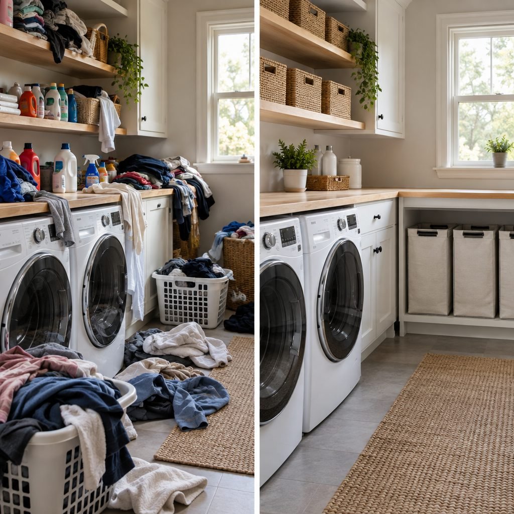 Laundry room before and after: overflowing baskets and clothes on the floor next to the same room organized with shelves, baskets and sorting bins
