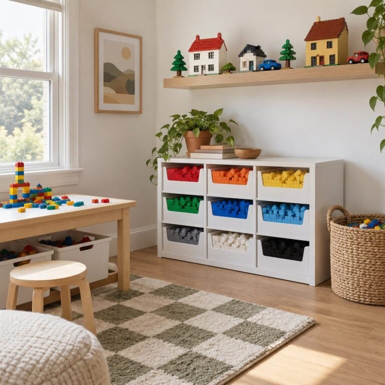 LEGO storage ideas: kids room corner with a white drawer unit of bricks sorted by color, a play table with bins and a shelf of brick-built houses