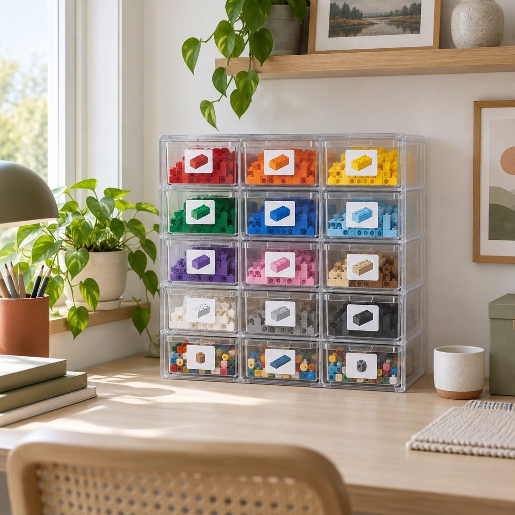 Clear multi-drawer storage cabinet with toy building bricks sorted into small drawers with picture labels