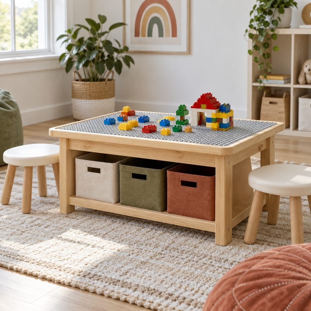 LEGO table with storage: low play table with a building baseplate top, fabric bins underneath and two small stools