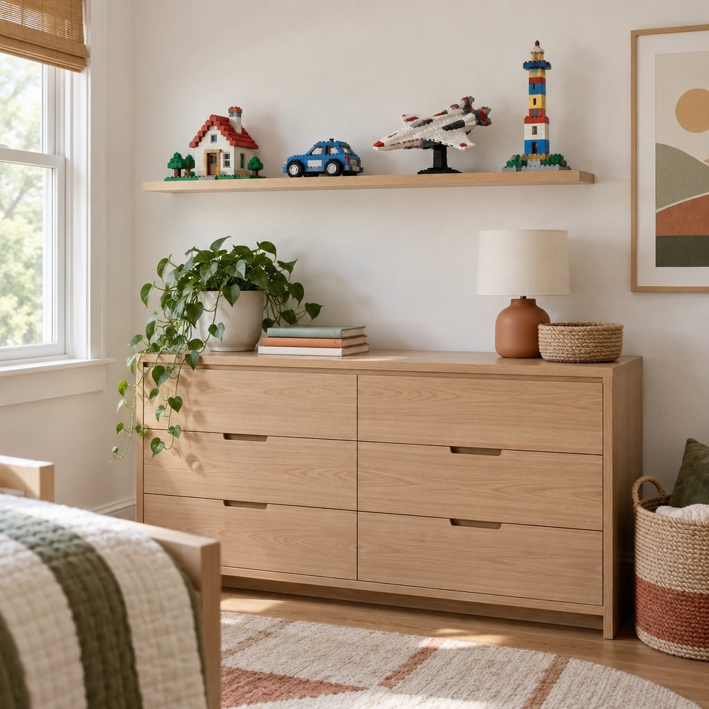 LEGO display ideas: picture ledge shelf showing brick-built models of a house, car, plane and lighthouse above a dresser