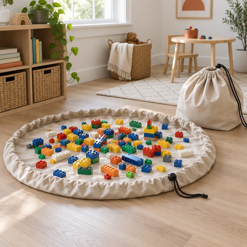 Round drawstring play mat covered in toy building bricks that pulls closed into a storage bag