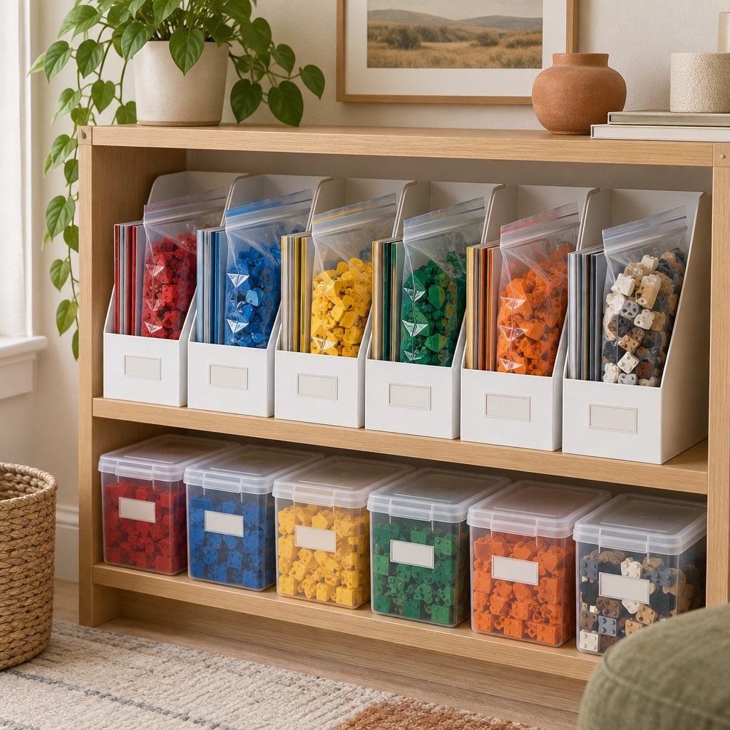 Building brick sets stored in zip bags with instruction booklets in magazine files and labeled clear boxes on a shelf