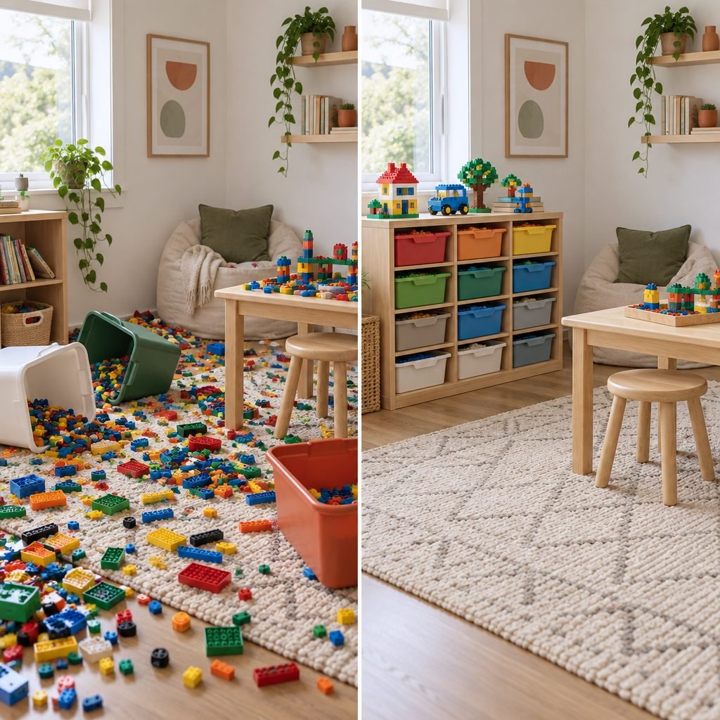 LEGO storage before and after: bricks scattered across a kids room floor next to the same room organized with drawers and bins