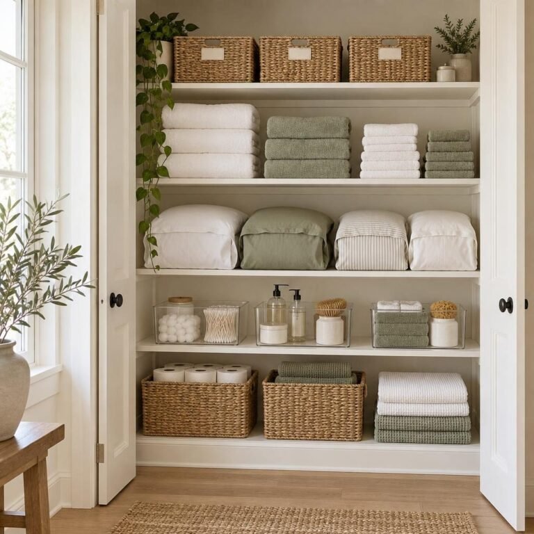 Linen closet organization: open linen closet with folded white and sage towels, sheet sets, clear bins and labeled woven baskets on white shelves