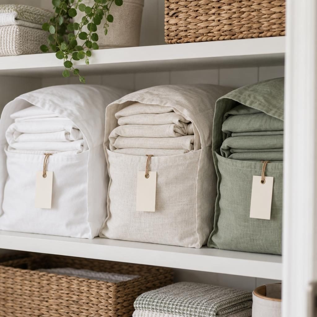 Bed sheet sets folded and tucked inside their matching pillowcases with blank tags on a linen closet shelf