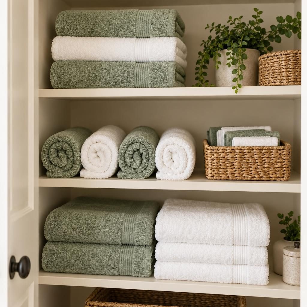 Linen closet shelf with bath towels folded in thirds, rolled hand towels and washcloths in a woven basket