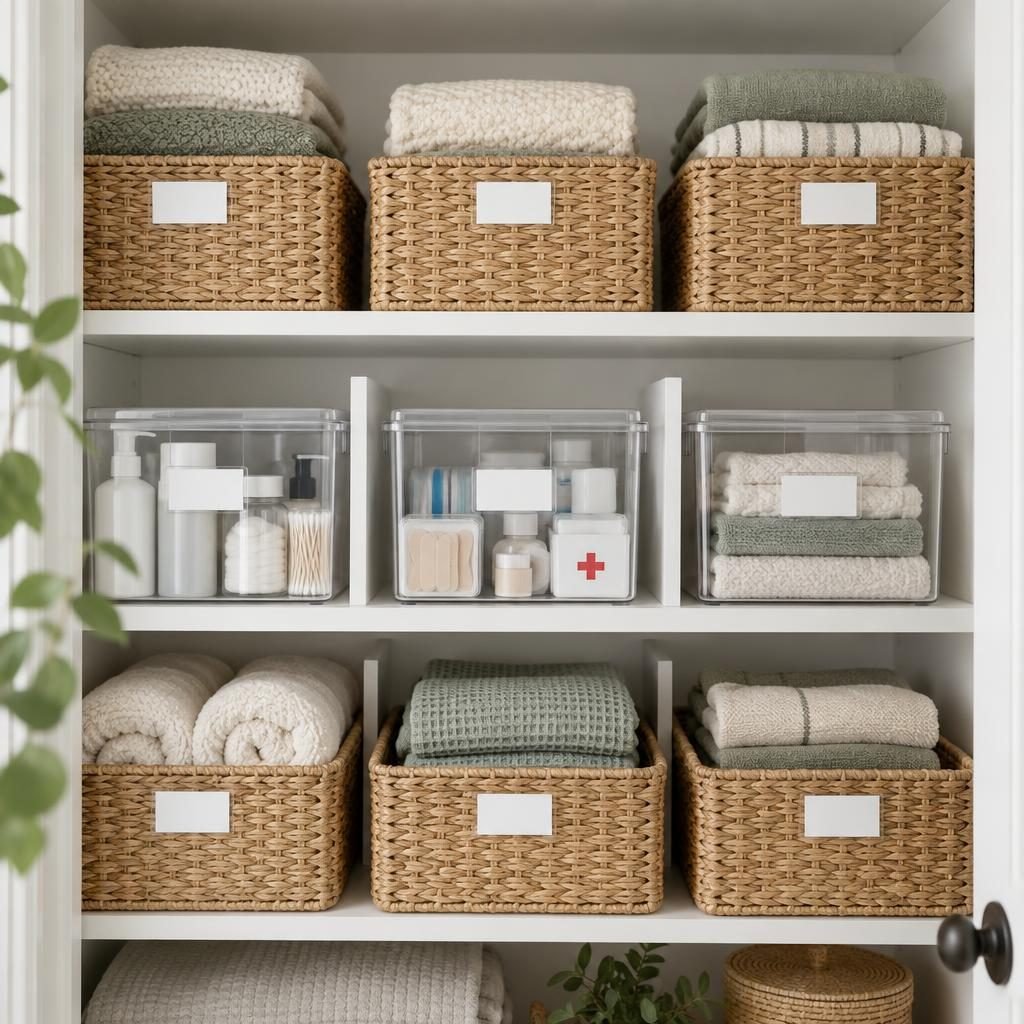 Labeled woven baskets and clear bins holding spare toiletries, first aid supplies and extra towels in a linen closet
