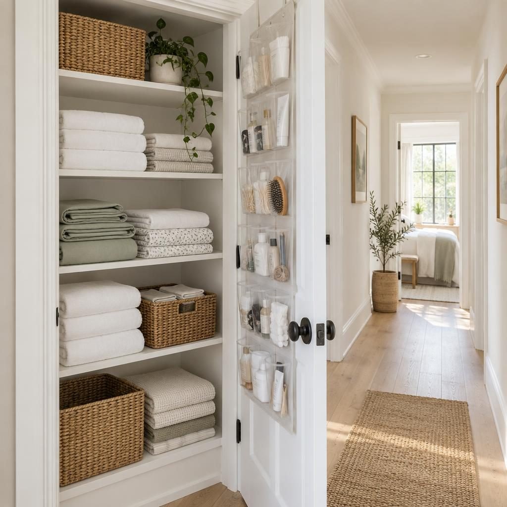 Narrow hallway linen closet with shallow shelves of towels and an over-the-door organizer with clear pockets