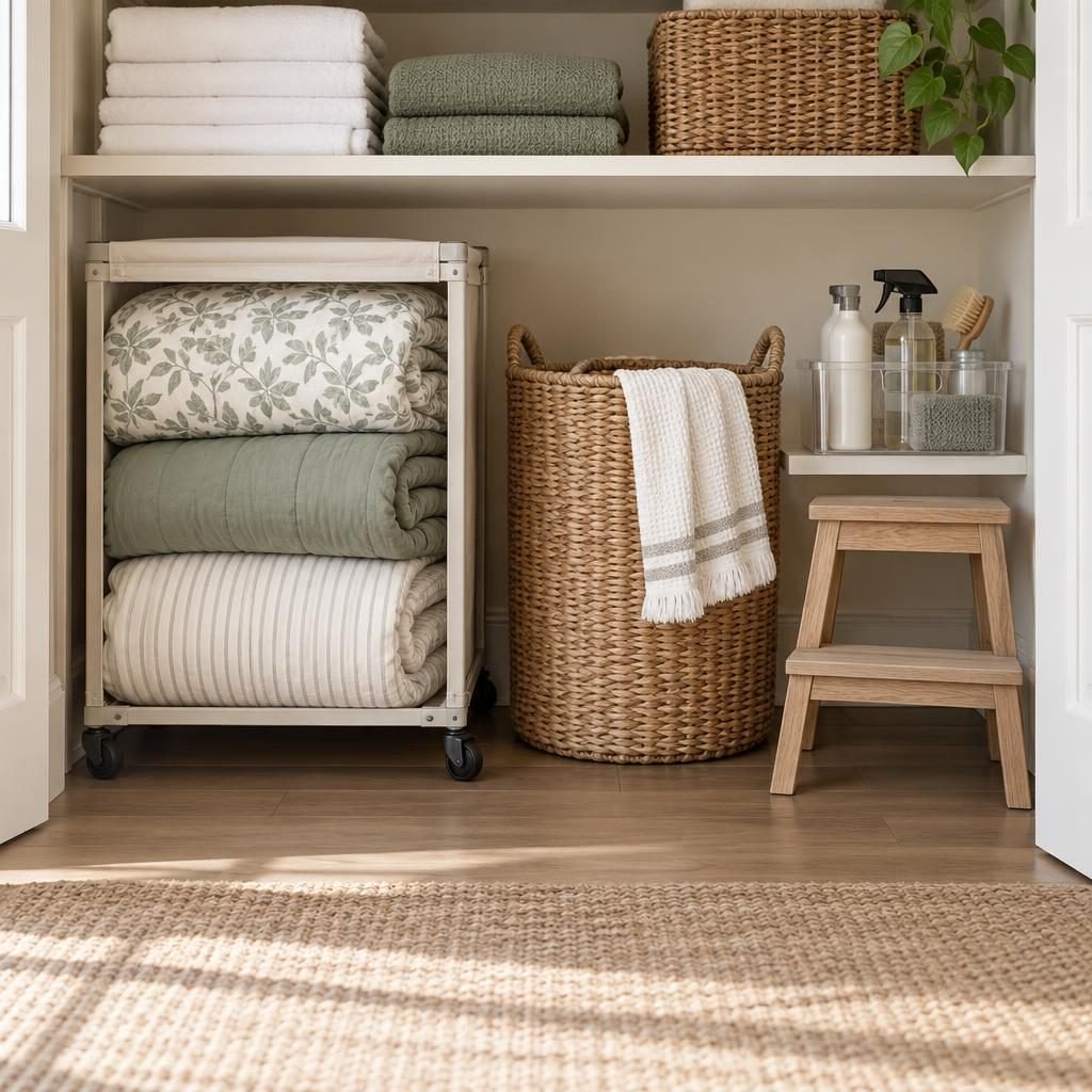 Bottom of a linen closet with a rolling cart of folded comforters, a laundry basket, cleaning supplies and a step stool