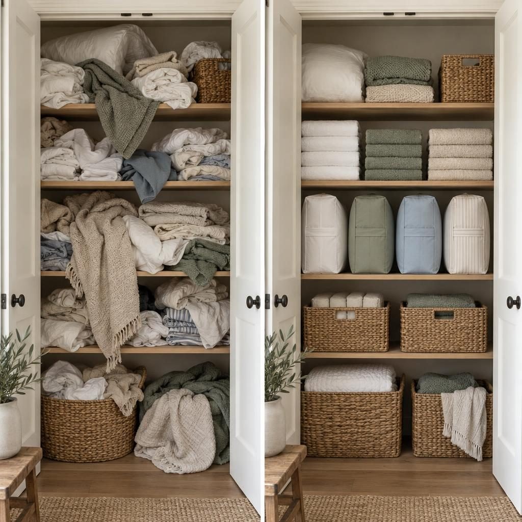 Linen closet before and after: messy piles of towels and sheets next to the same closet neatly folded with labeled baskets